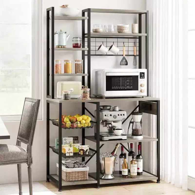90CM Double-Frame Microwave Stand with Power Socket,Black & Gray, for Kitchen Storage