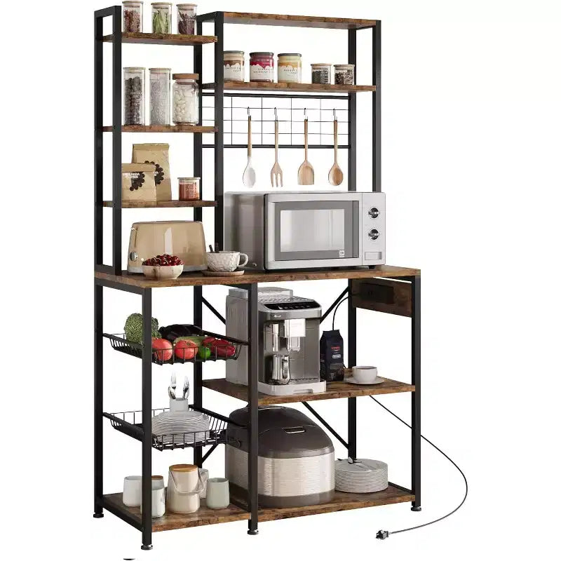 90CM Double-Frame Microwave Stand with Power Socket,Black & Gray, for Kitchen Storage