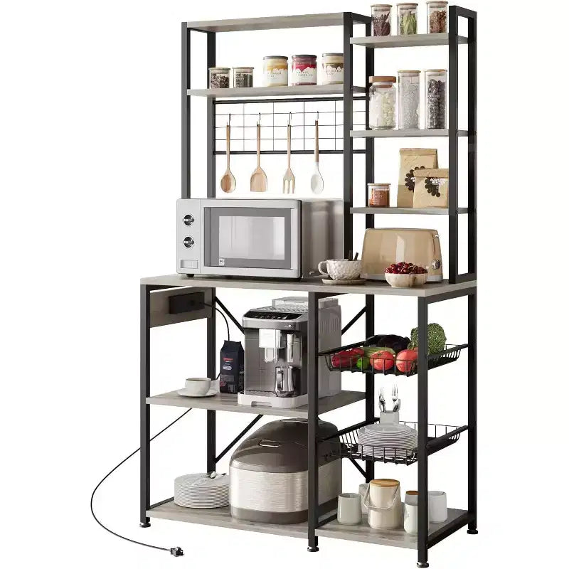 90CM Double-Frame Microwave Stand with Power Socket,Black & Gray, for Kitchen Storage
