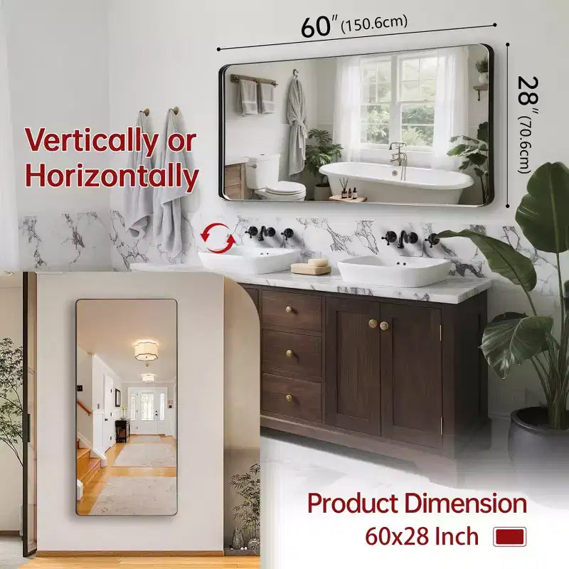 Black Vanity Mirror, 60x28 Bathroom Mirror with Easy-Clean Glass for Modern Homes