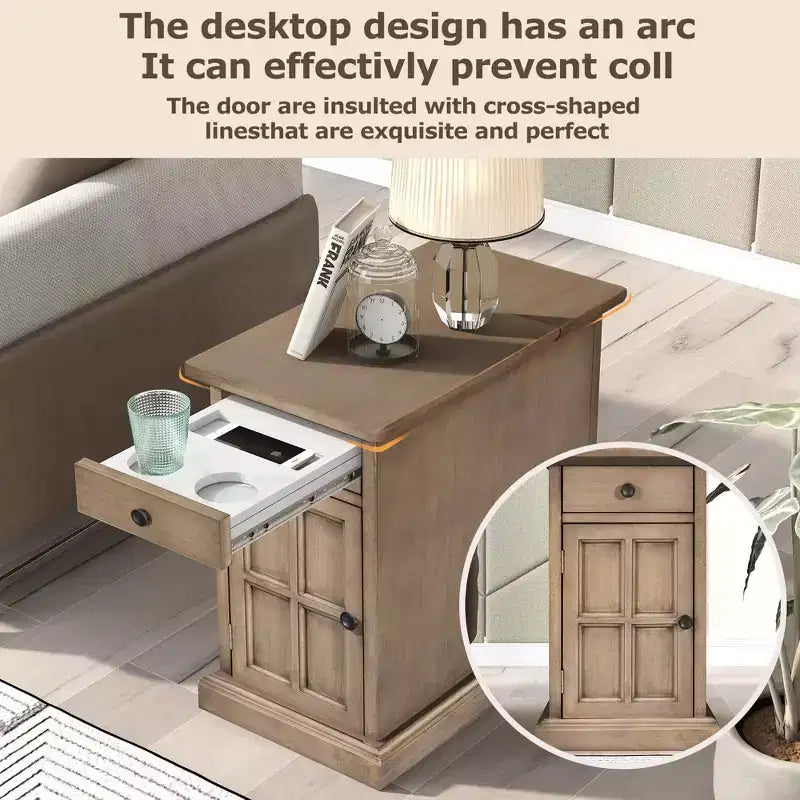 Classic Vintage End Table with USB Ports and 1 Drawer with Cup Holders, Sofa Side Bedside Nightstand Narrow Table for Living Room Bedroom