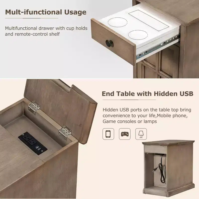Classic Vintage End Table with USB Ports and 1 Drawer with Cup Holders, Sofa Side Bedside Nightstand Narrow Table for Living Room Bedroom