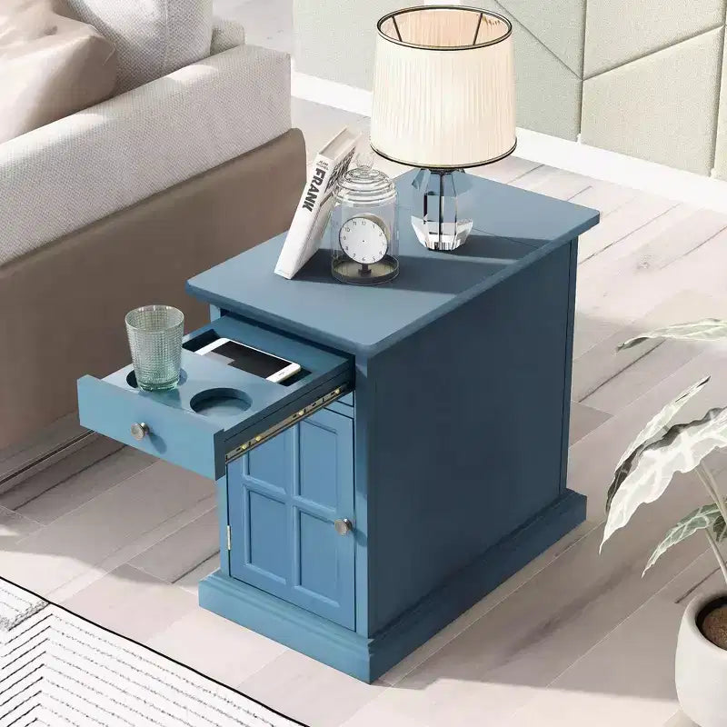 Tavolino Vintage Classico con Porte USB e 1 Cassetto con Portabicchieri, Tavolino Stretto da Divano per Soggiorno Camera da Letto