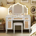   Boho Modern Wood Makeup Vanity Table with Tri-Fold Mirror, 13-Light Bulbs, 5 Drawers and Charging Station