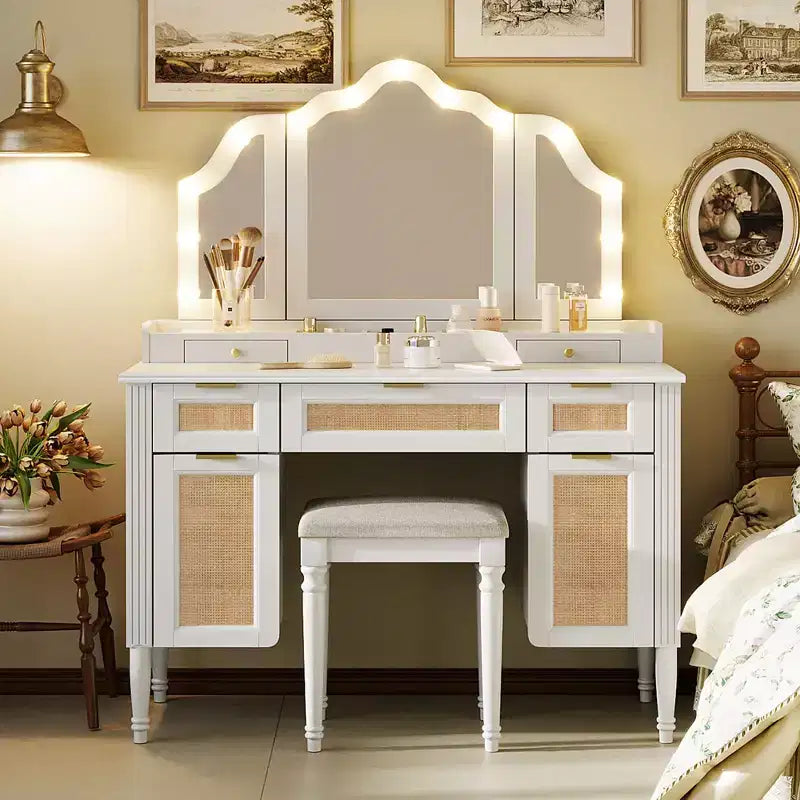   Boho Modern Wood Makeup Vanity Table with Tri-Fold Mirror, 13-Light Bulbs, 5 Drawers and Charging Station