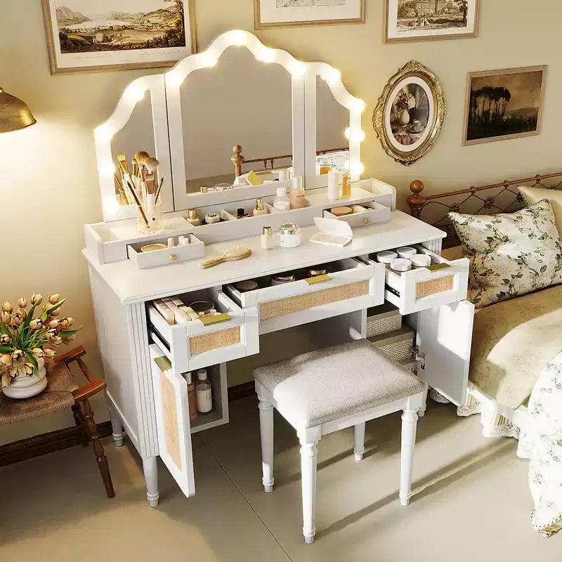 Boho Modern Wood Makeup Vanity Table with Tri-Fold Mirror, 13-Light Bulbs, 5 Drawers and Charging Station