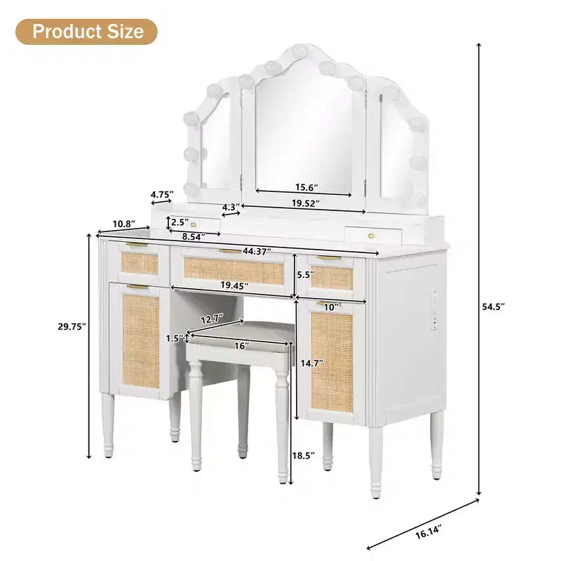 Boho Modern Wood Makeup Vanity Table with Tri-Fold Mirror, 13-Light Bulbs, 5 Drawers and Charging Station