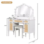 Toeletta Boho Moderna in Legno con Specchio Tri-Fold, 13 Lampadine, 5 Cassetti e Stazione di Ricarica