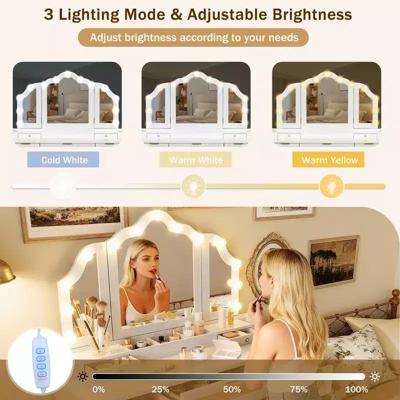 Boho Modern Wood Makeup Vanity Table with Tri-Fold Mirror, 13-Light Bulbs, 5 Drawers and Charging Station