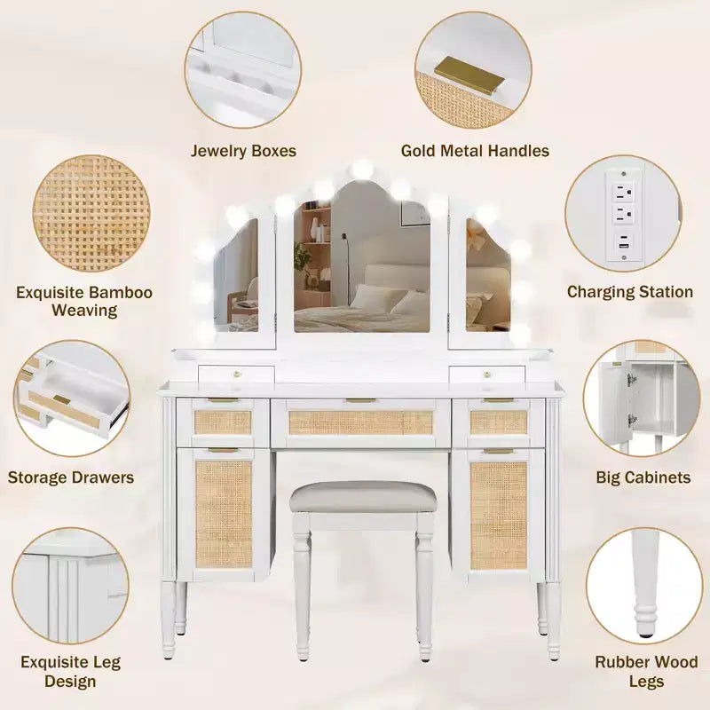 Boho Modern Wood Makeup Vanity Table with Tri-Fold Mirror, 13-Light Bulbs, 5 Drawers and Charging Station