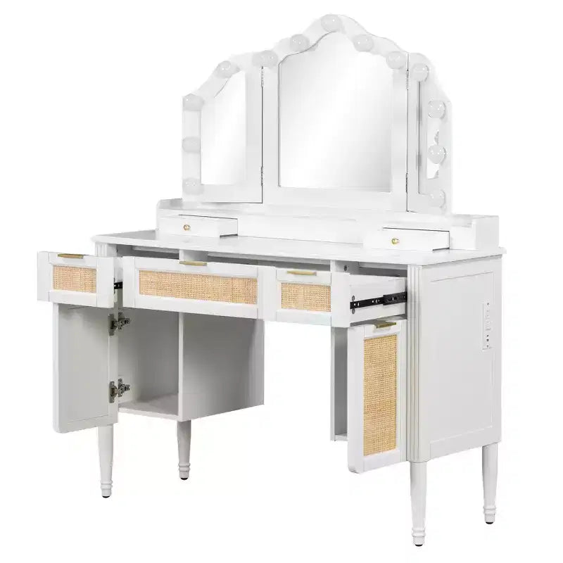 Boho Modern Wood Makeup Vanity Table with Tri-Fold Mirror, 13-Light Bulbs, 5 Drawers and Charging Station