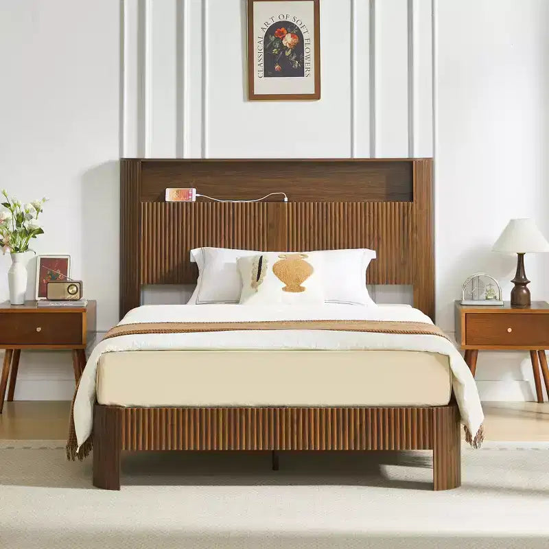  84-inch Extra-Large and Extended Bed Frame with Storage Headboard, Built-in Charging Station, Wave-Curved Design, Walnut Finish