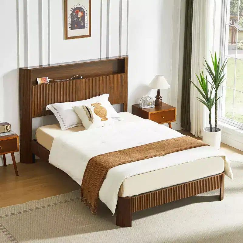 84-inch Extra-Large and Extended Bed Frame with Storage Headboard, Built-in Charging Station, Wave-Curved Design, Walnut Finish