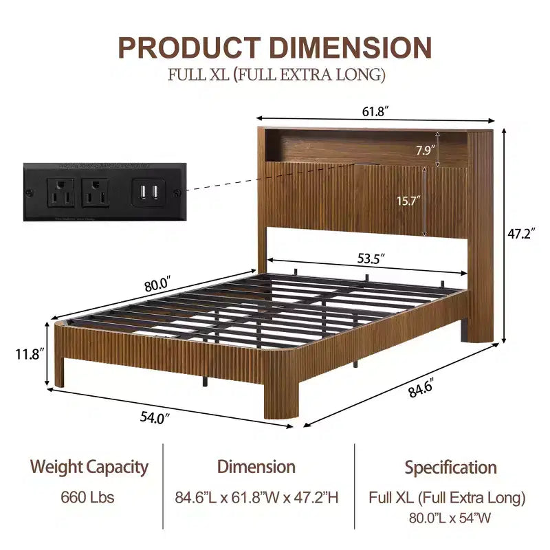 84-inch Extra-Large and Extended Bed Frame with Storage Headboard, Built-in Charging Station, Wave-Curved Design, Walnut Finish