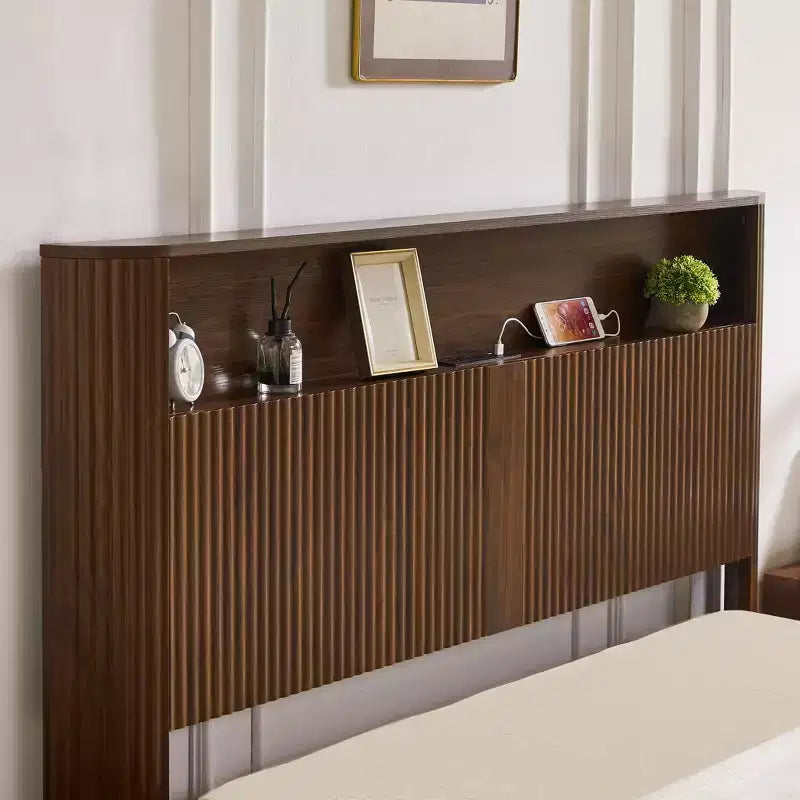 84-inch Extra-Large and Extended Bed Frame with Storage Headboard, Built-in Charging Station, Wave-Curved Design, Walnut Finish