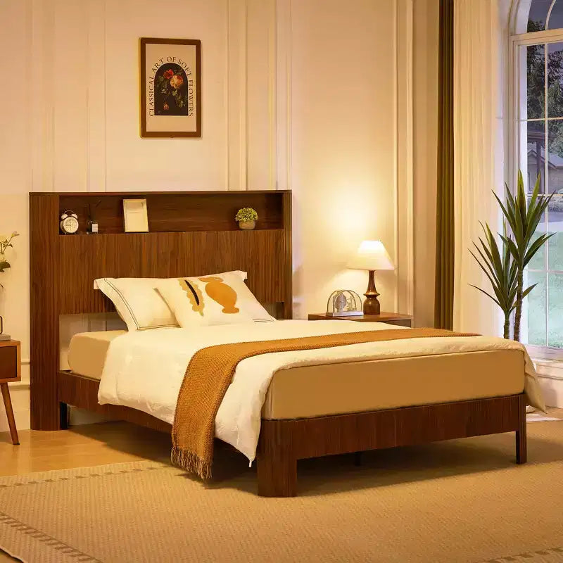 84-inch Extra-Large and Extended Bed Frame with Storage Headboard, Built-in Charging Station, Wave-Curved Design, Walnut Finish