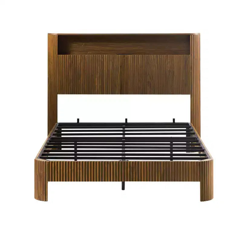 84-inch Extra-Large and Extended Bed Frame with Storage Headboard, Built-in Charging Station, Wave-Curved Design, Walnut Finish