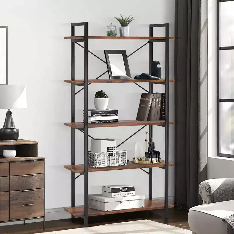  5-Tier Industrial Bookshelf,Brown Metal Etagere Display Shelf - Open Bookcase for Living Room,Office,Storage & Decor