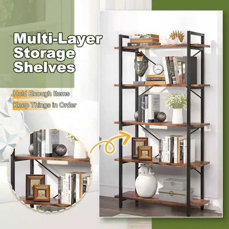 5-Tier Industrial Bookshelf,Brown Metal Etagere Display Shelf - Open Bookcase for Living Room,Office,Storage & Decor