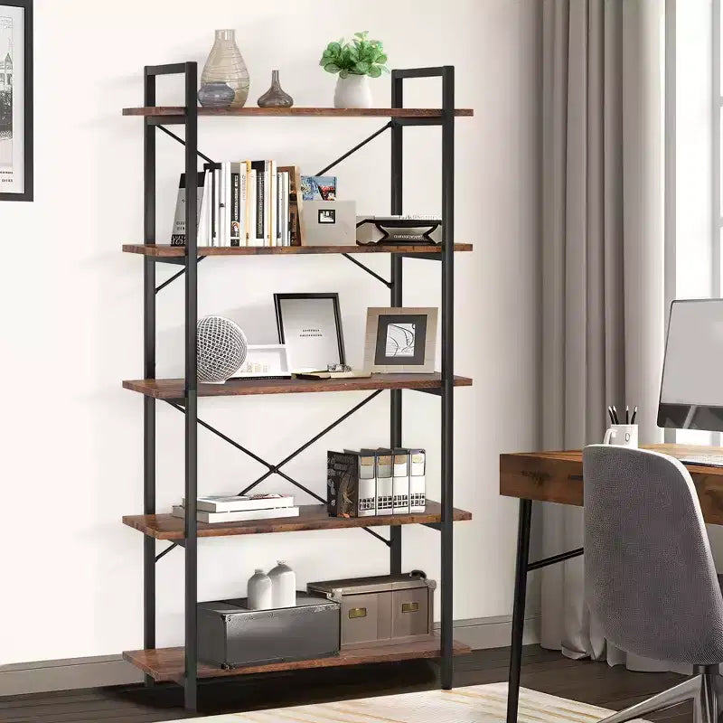 5-Tier Industrial Bookshelf,Brown Metal Etagere Display Shelf - Open Bookcase for Living Room,Office,Storage & Decor