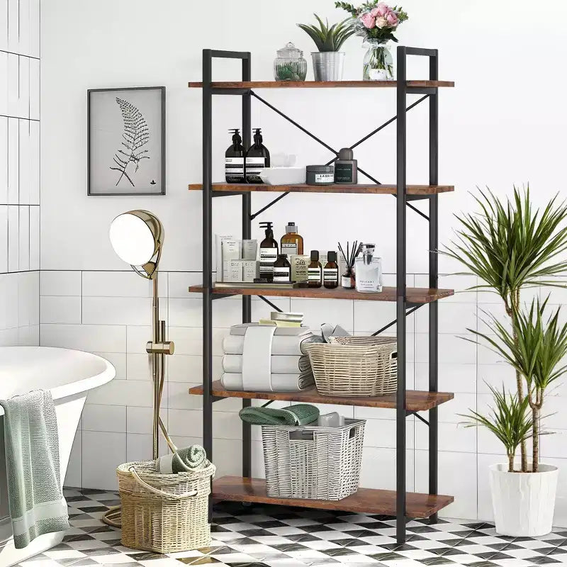 5-Tier Industrial Bookshelf,Brown Metal Etagere Display Shelf - Open Bookcase for Living Room,Office,Storage & Decor