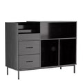  35 Eco-Friendly Record Player Stand with Flip-Top, Black MDF+Metal Media Console w/ 2-Outlet Power Strip & Dustproof Storage