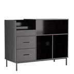  35 Eco-Friendly Record Player Stand with Flip-Top, Black MDF+Metal Media Console w/ 2-Outlet Power Strip & Dustproof Storage