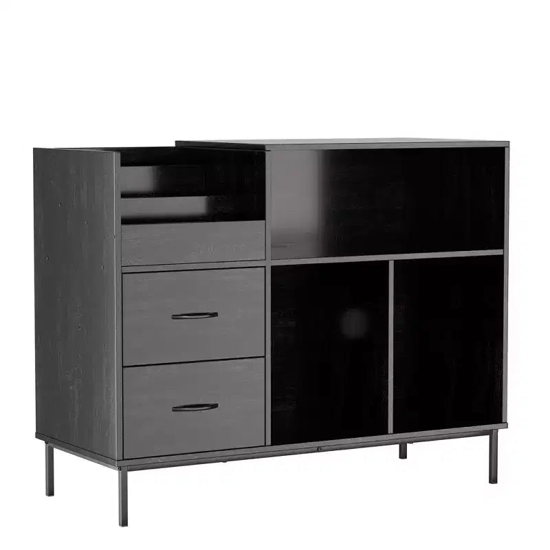  35 Eco-Friendly Record Player Stand with Flip-Top, Black MDF+Metal Media Console w/ 2-Outlet Power Strip & Dustproof Storage