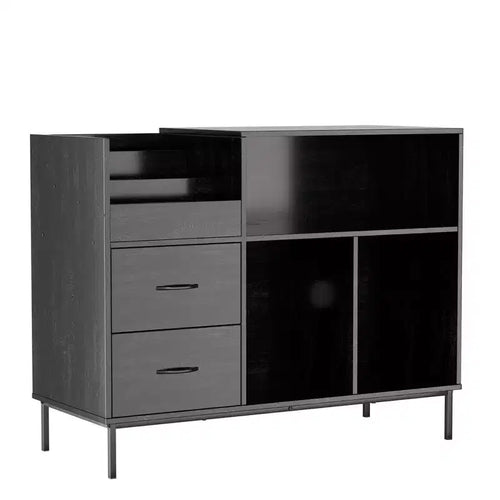  35 Eco-Friendly Record Player Stand with Flip-Top, Black MDF+Metal Media Console w/ 2-Outlet Power Strip & Dustproof Storage