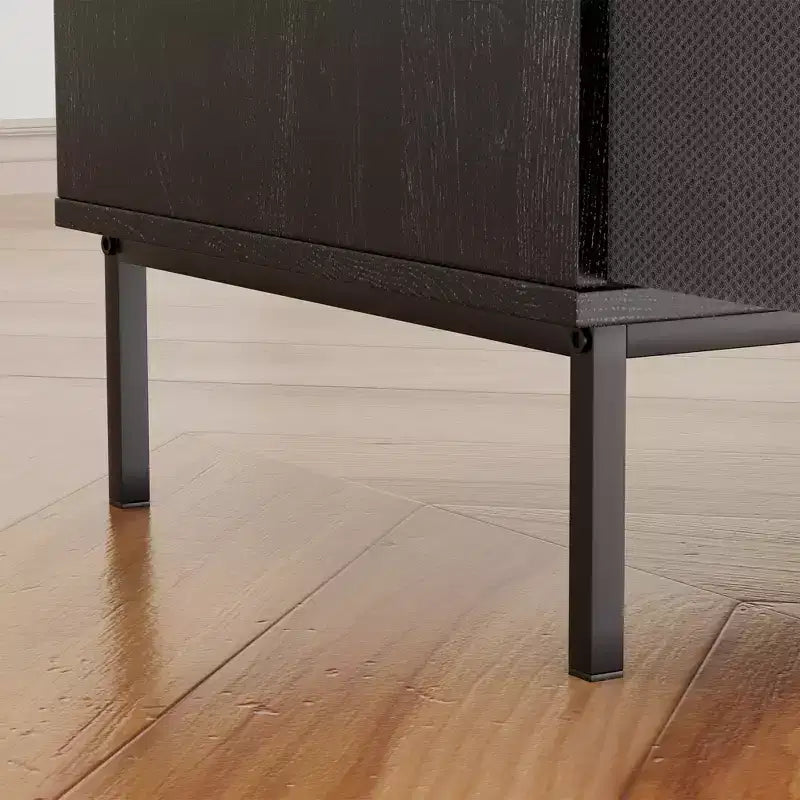 35 Eco-Friendly Record Player Stand with Flip-Top, Black MDF+Metal Media Console w/ 2-Outlet Power Strip & Dustproof Storage