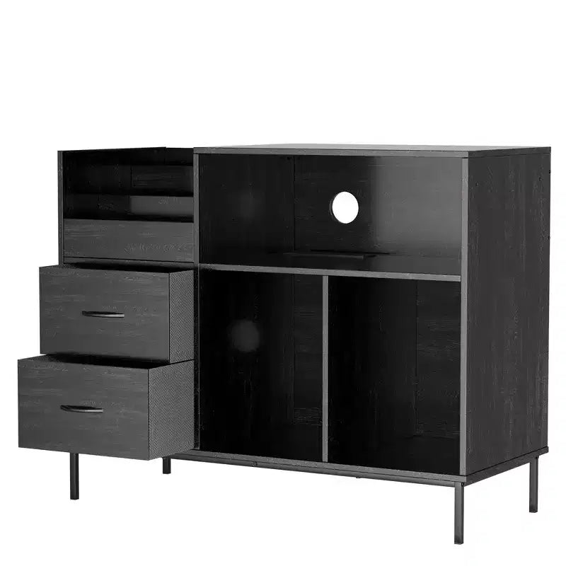 35 Eco-Friendly Record Player Stand with Flip-Top, Black MDF+Metal Media Console w/ 2-Outlet Power Strip & Dustproof Storage
