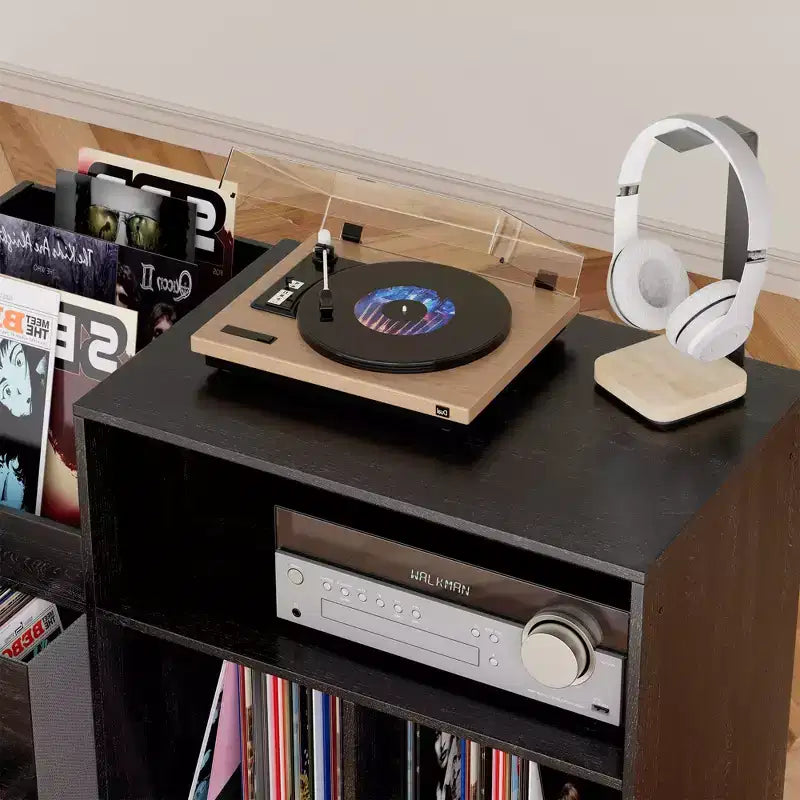 35 Eco-Friendly Record Player Stand with Flip-Top, Black MDF+Metal Media Console w/ 2-Outlet Power Strip & Dustproof Storage
