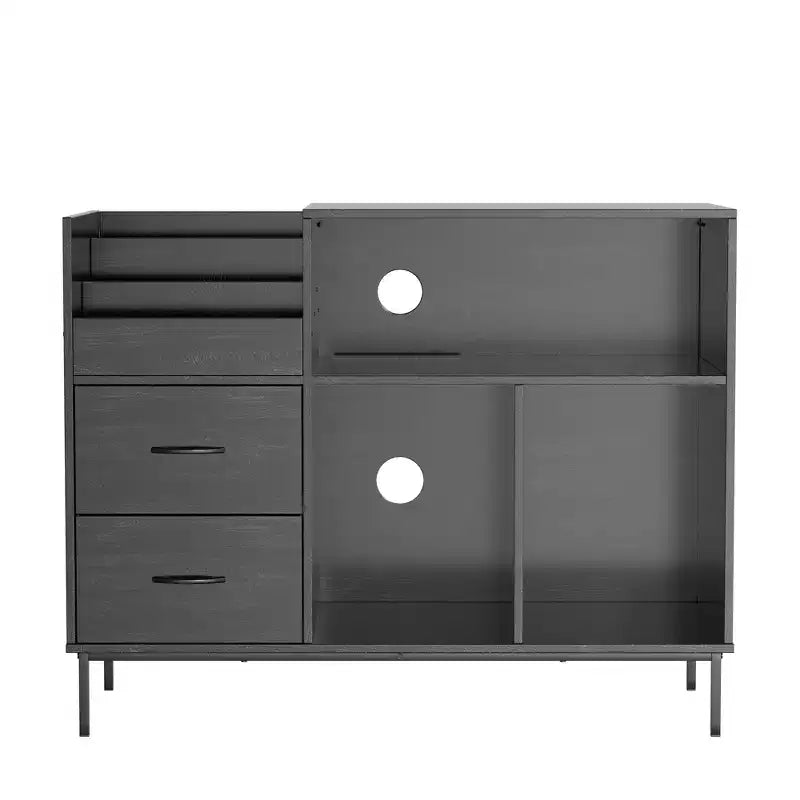 35 Eco-Friendly Record Player Stand with Flip-Top, Black MDF+Metal Media Console w/ 2-Outlet Power Strip & Dustproof Storage