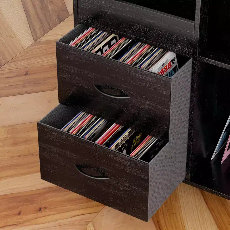 35 Eco-Friendly Record Player Stand with Flip-Top, Black MDF+Metal Media Console w/ 2-Outlet Power Strip & Dustproof Storage