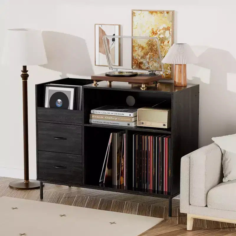 35 Eco-Friendly Record Player Stand with Flip-Top, Black MDF+Metal Media Console w/ 2-Outlet Power Strip & Dustproof Storage
