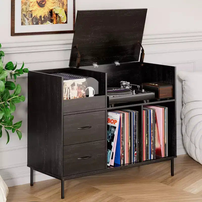 35 Eco-Friendly Record Player Stand with Flip-Top, Black MDF+Metal Media Console w/ 2-Outlet Power Strip & Dustproof Storage
