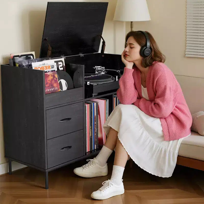 35 Eco-Friendly Record Player Stand with Flip-Top, Black MDF+Metal Media Console w/ 2-Outlet Power Strip & Dustproof Storage