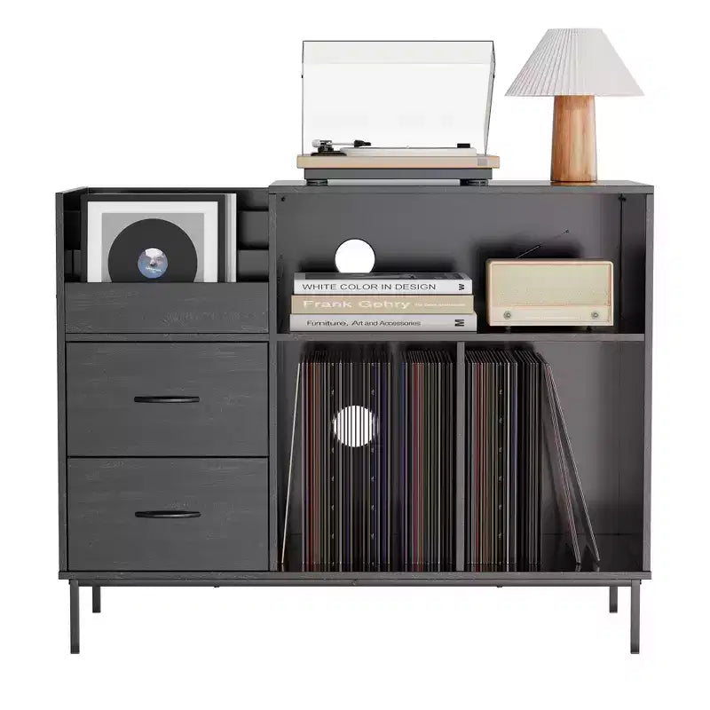 35 Eco-Friendly Record Player Stand with Flip-Top, Black MDF+Metal Media Console w/ 2-Outlet Power Strip & Dustproof Storage