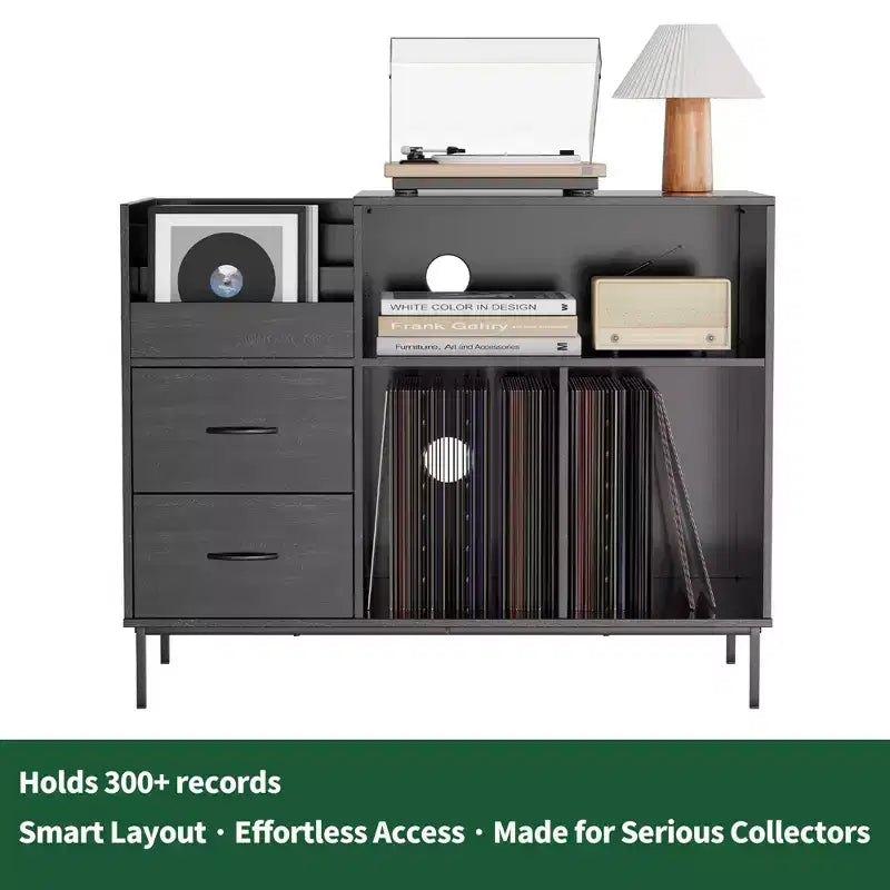 35 Eco-Friendly Record Player Stand with Flip-Top, Black MDF+Metal Media Console w/ 2-Outlet Power Strip & Dustproof Storage