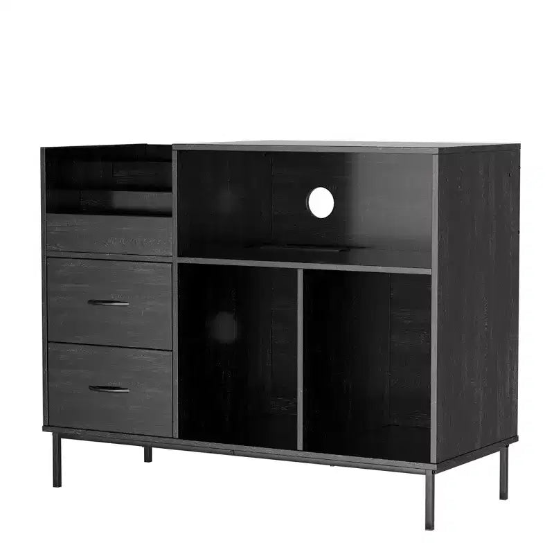 35 Eco-Friendly Record Player Stand with Flip-Top, Black MDF+Metal Media Console w/ 2-Outlet Power Strip & Dustproof Storage