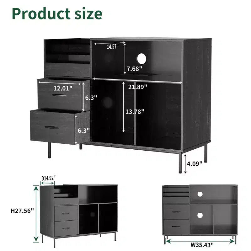 35 Eco-Friendly Record Player Stand with Flip-Top, Black MDF+Metal Media Console w/ 2-Outlet Power Strip & Dustproof Storage