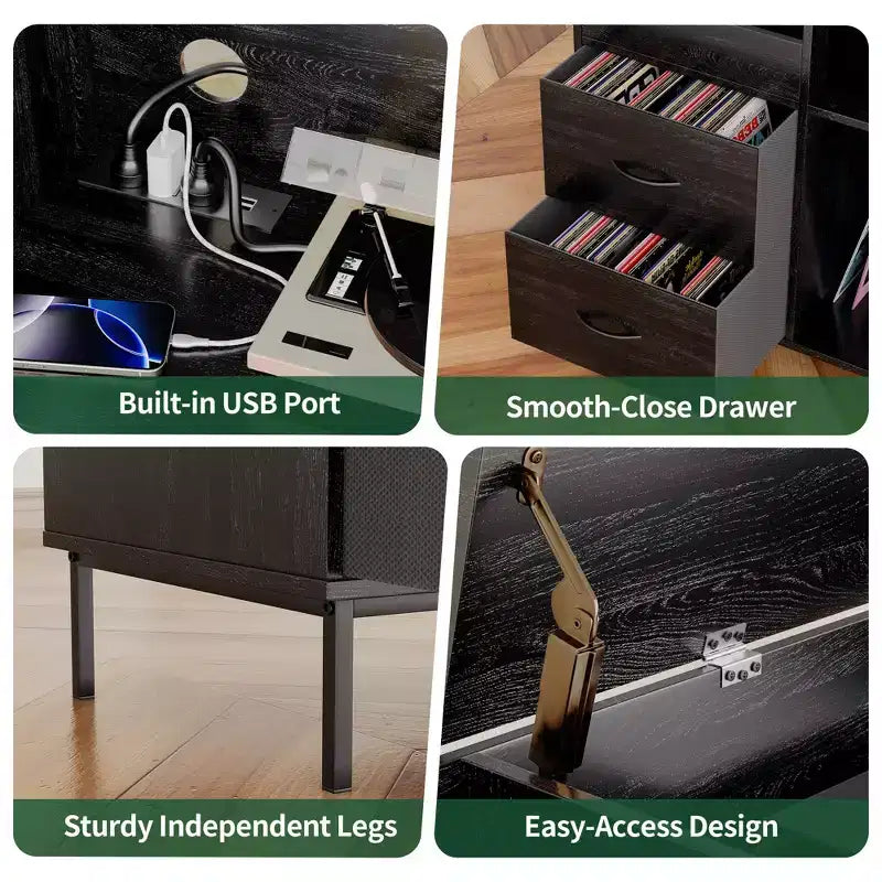 35 Eco-Friendly Record Player Stand with Flip-Top, Black MDF+Metal Media Console w/ 2-Outlet Power Strip & Dustproof Storage