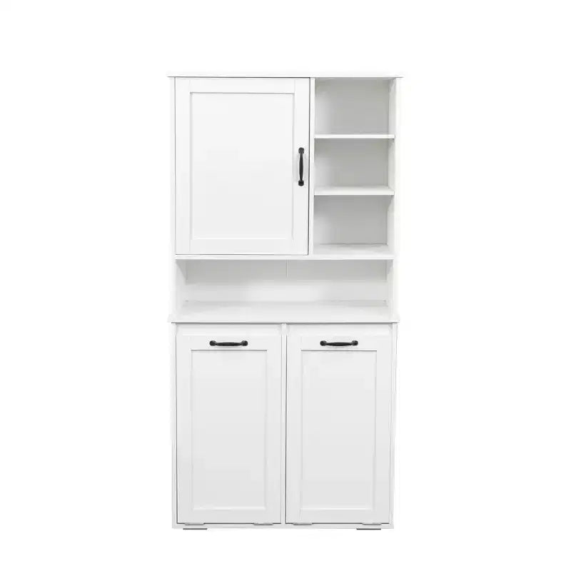  63 White Freestanding Laundry Cabinet-Particle Board+MDF, Tilt-Out Hamper, Adjustable Shelves & Multiple Storage