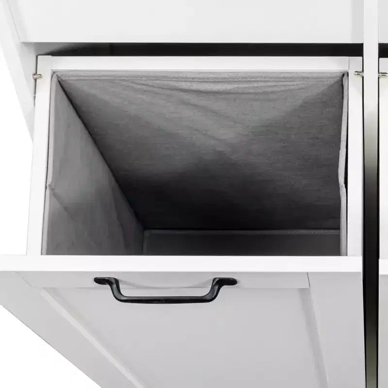 63 White Freestanding Laundry Cabinet-Particle Board+MDF, Tilt-Out Hamper, Adjustable Shelves & Multiple Storage
