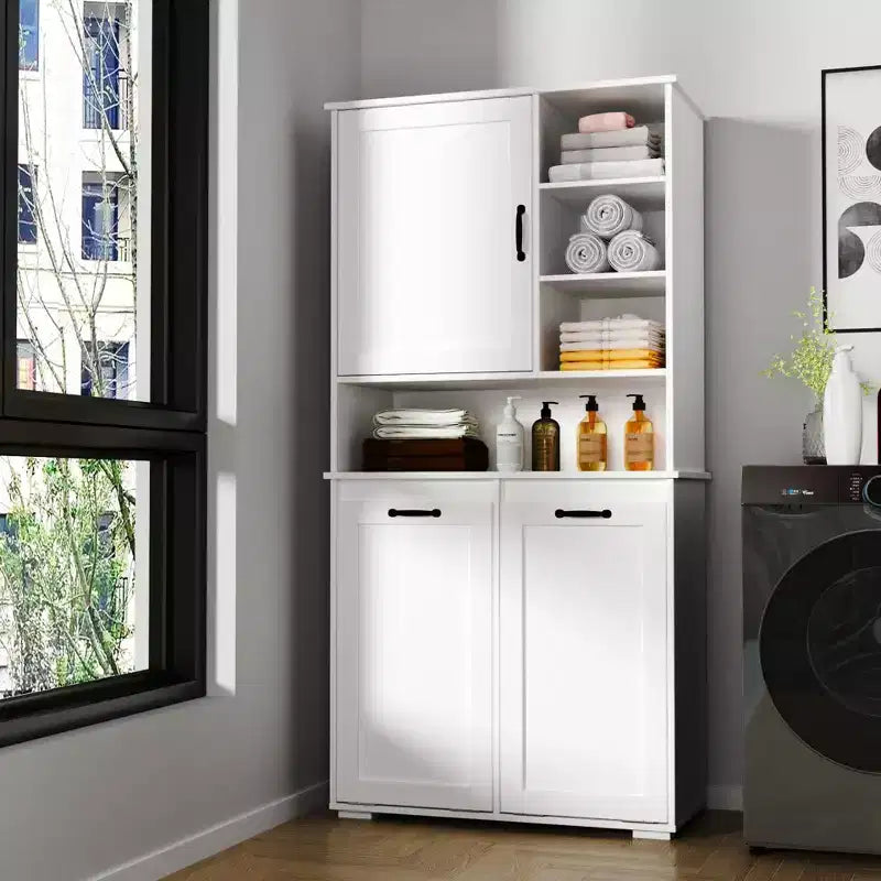 63 White Freestanding Laundry Cabinet-Particle Board+MDF, Tilt-Out Hamper, Adjustable Shelves & Multiple Storage