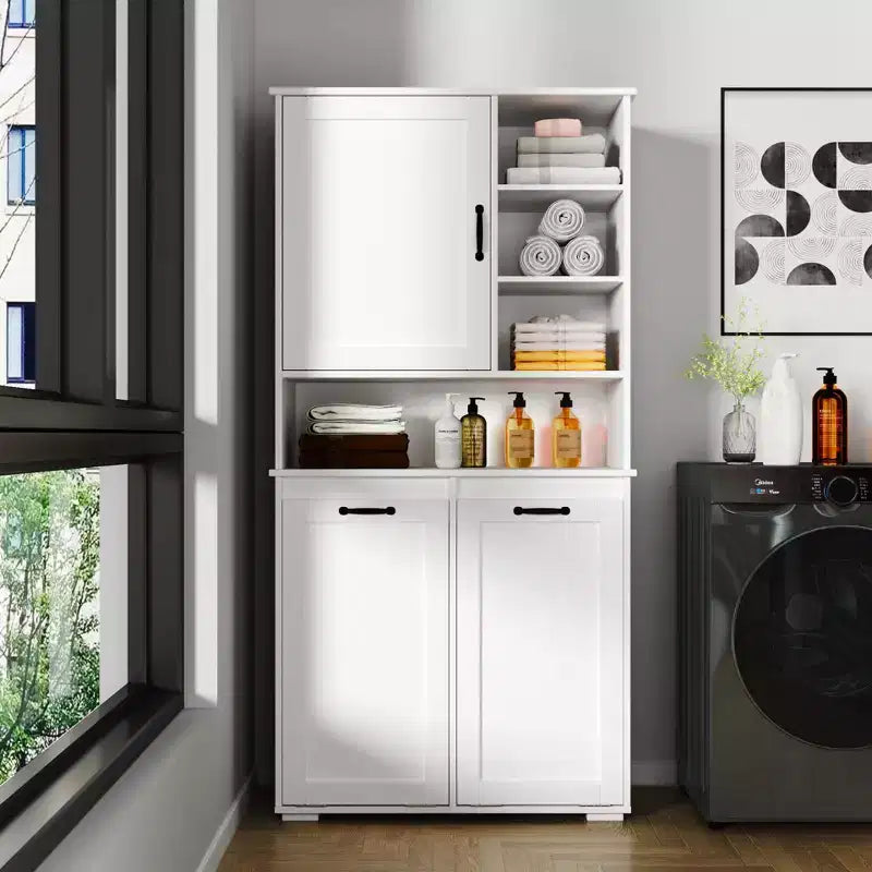 63 White Freestanding Laundry Cabinet-Particle Board+MDF, Tilt-Out Hamper, Adjustable Shelves & Multiple Storage
