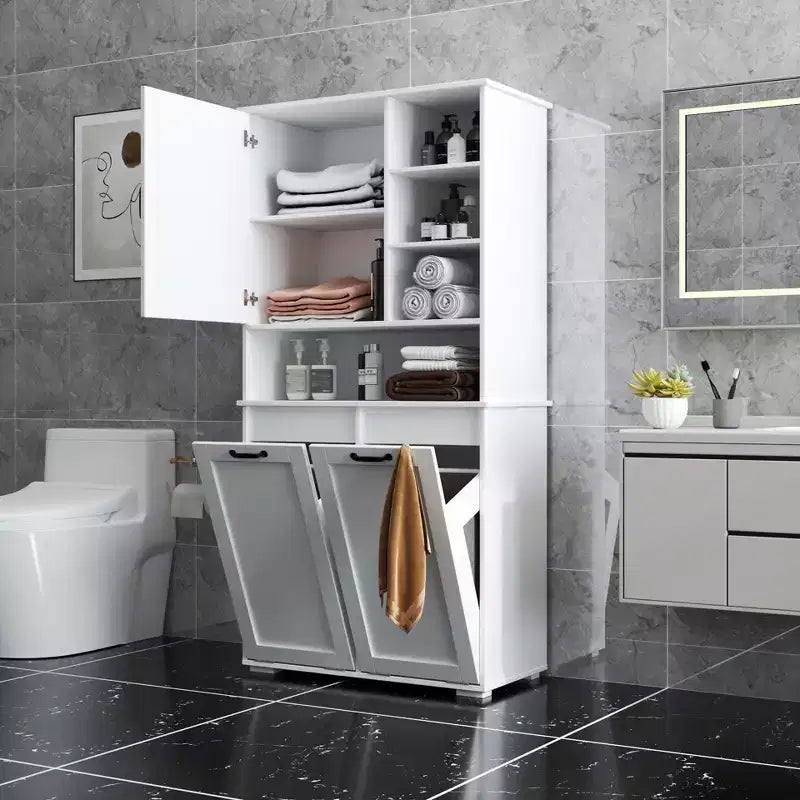 63 White Freestanding Laundry Cabinet-Particle Board+MDF, Tilt-Out Hamper, Adjustable Shelves & Multiple Storage