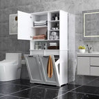 Mobile lavanderia bianco a colonna da 63 cm - truciolare+MDF, cesto portabiancheria inclinabile, ripiani regolabili e spazi di archiviazione multipli