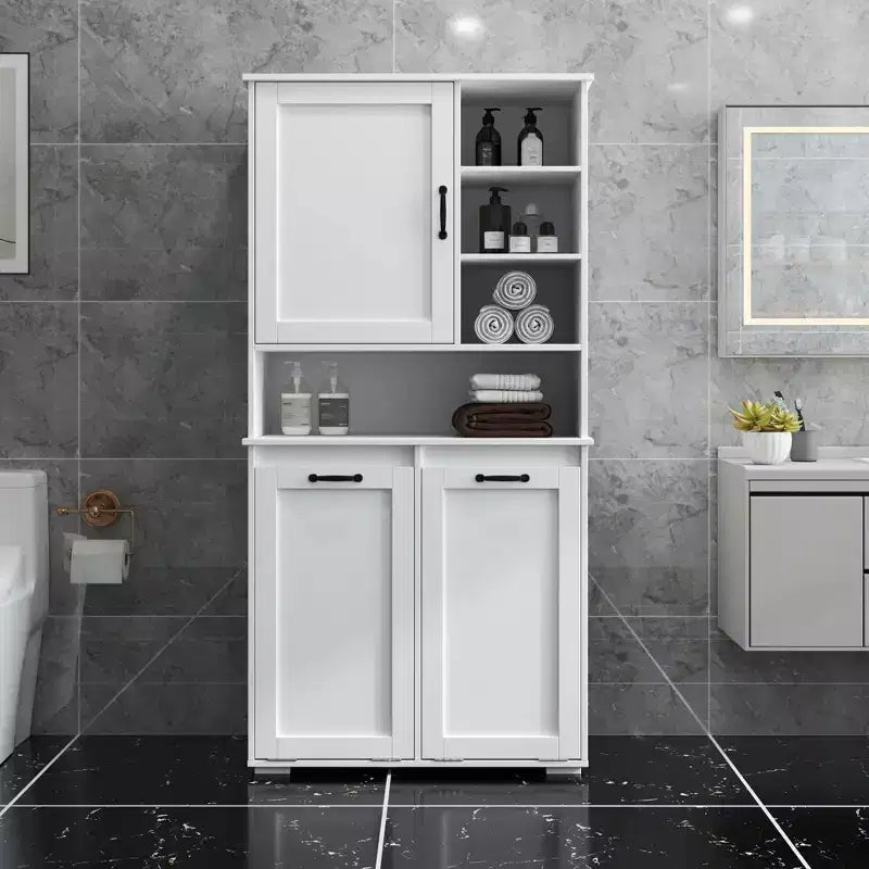 63 White Freestanding Laundry Cabinet-Particle Board+MDF, Tilt-Out Hamper, Adjustable Shelves & Multiple Storage