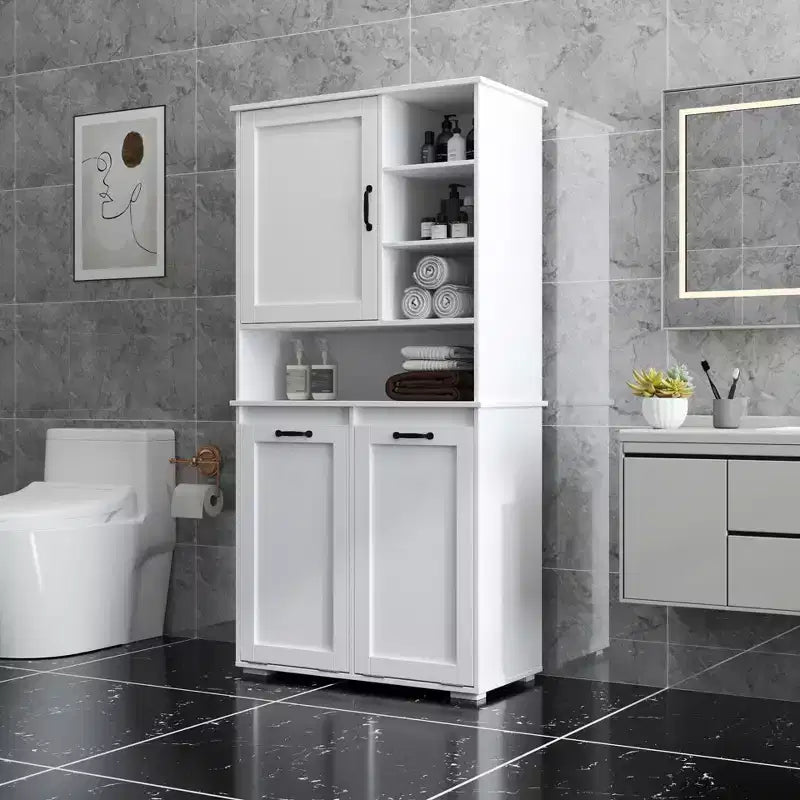 63 White Freestanding Laundry Cabinet-Particle Board+MDF, Tilt-Out Hamper, Adjustable Shelves & Multiple Storage